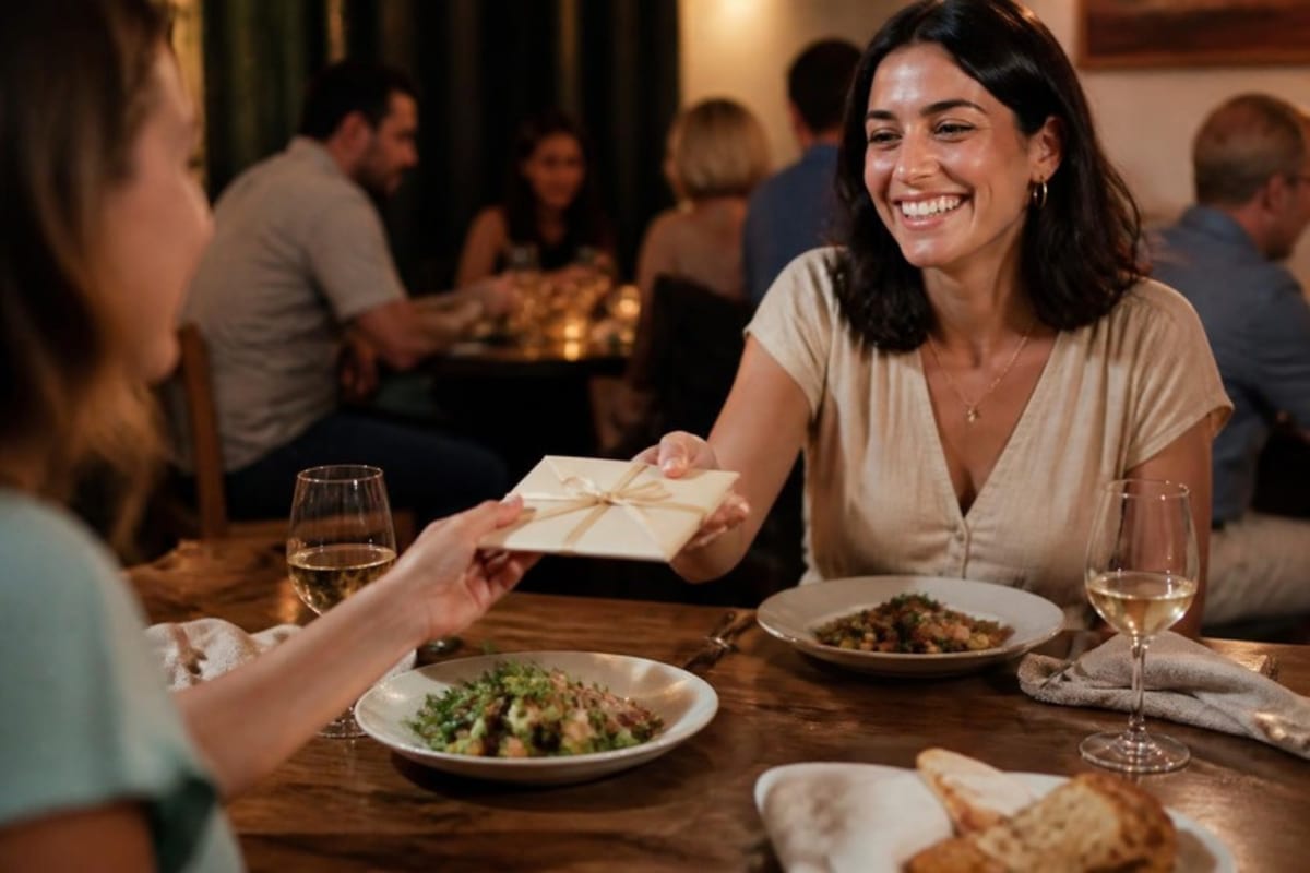 Two friends passing a small ribbon-tied gift envelope across a candlelit restaurant table over shared plates and white wine