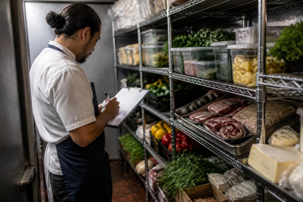 A chef in a walk-in cooler counting stock on a clipboard in front of wire shelves of produce, wrapped meat, herbs and cheese