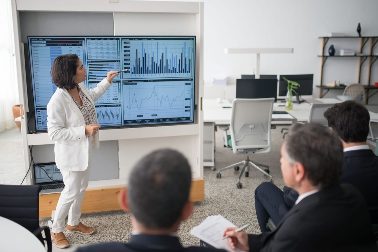 Operations team reviewing performance data on a screen.