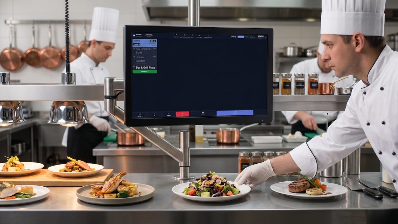 Chef plating at the pass with an NX kitchen display showing the ticket queue above.