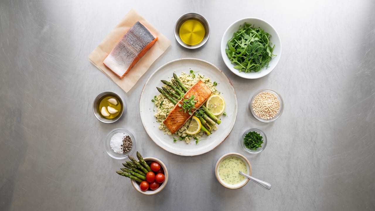 Overhead view of a plated salmon dish surrounded by each of its ingredients.