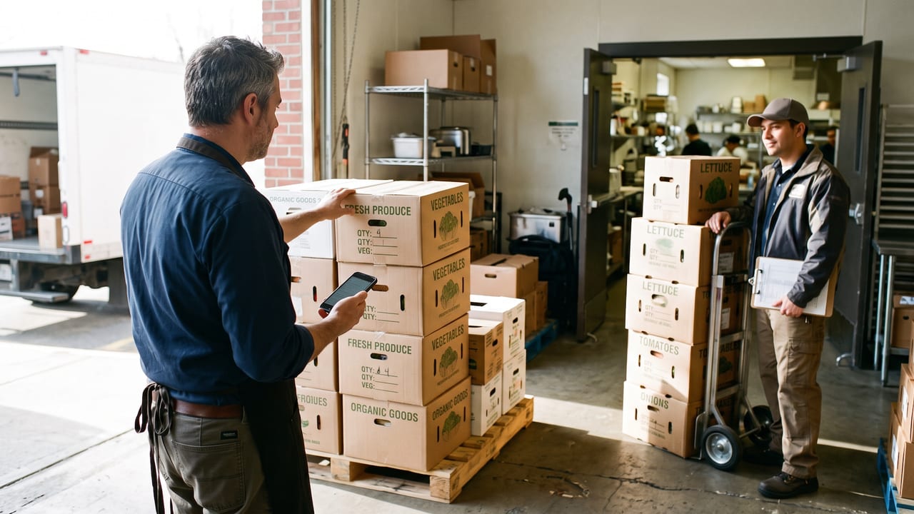 Manager checking a produce delivery on a phone at the loading dock while the driver waits with a clipboard.