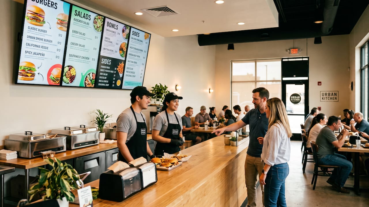 Digital menu boards above the counter of a branded restaurant, staff serving guests below.
