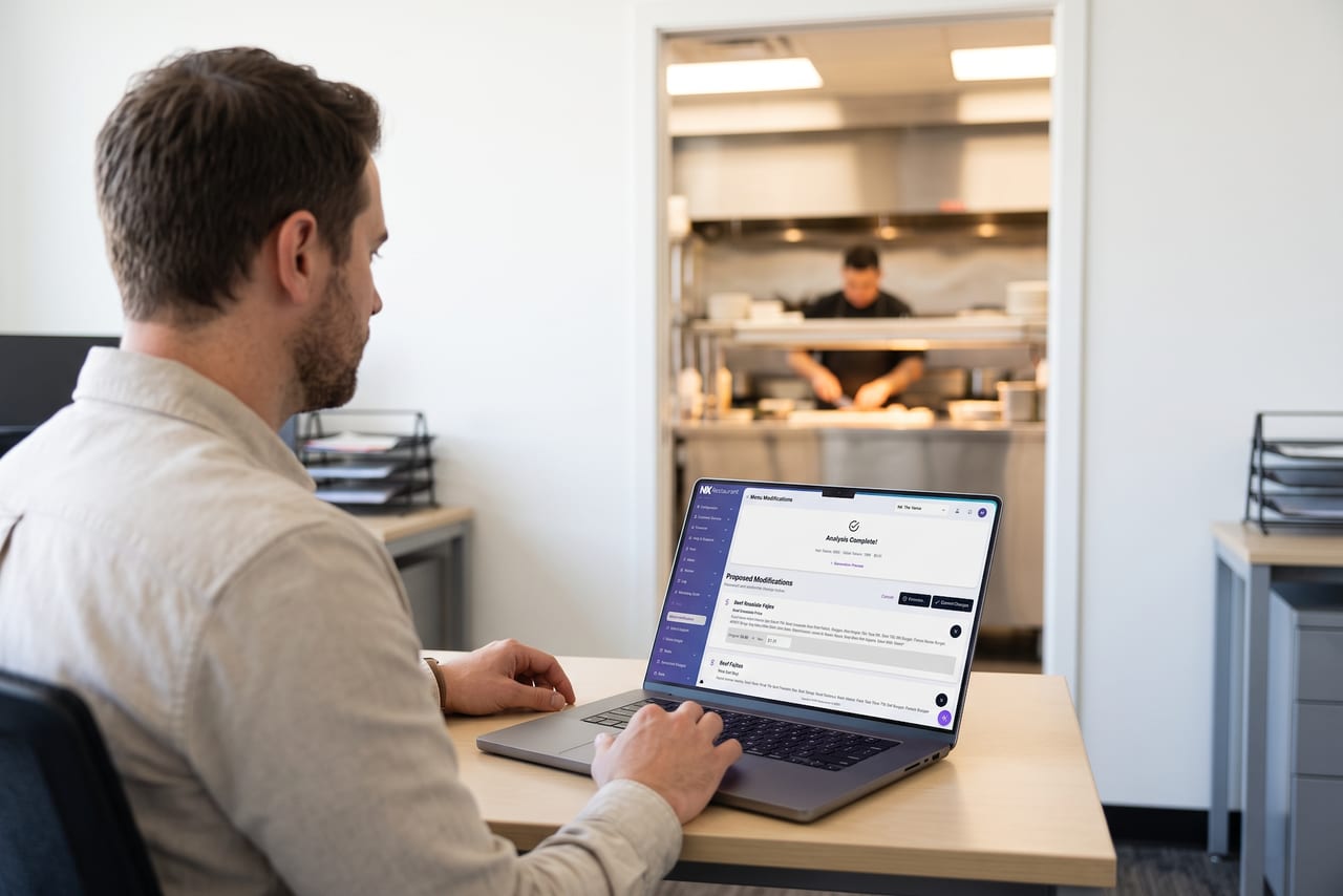 Manager at a back-office desk reviewing proposed menu changes in the NX portal, with the kitchen visible through the doorway.