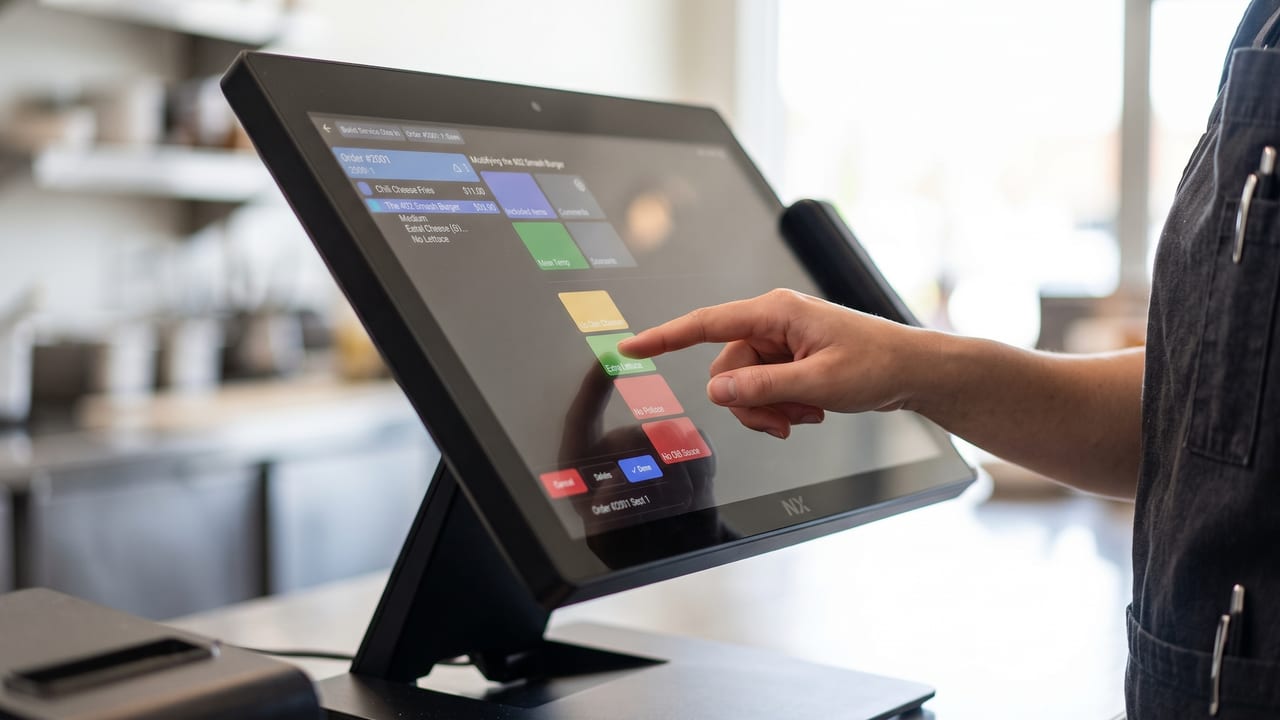 Server tapping a modifier on the NX POS item grid while building a burger order.