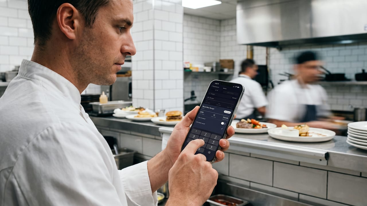Chef updating a menu item from a phone at the pass during service.