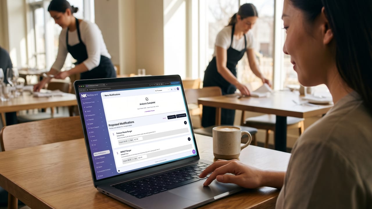 Owner at a dining table reviewing Nexy's proposed menu modifications on a laptop while staff reset the room.