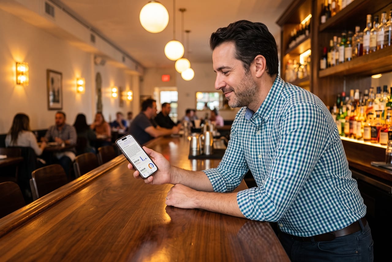 Owner leaning on the bar during a busy service, checking today's sales in NX Mobile on a phone.