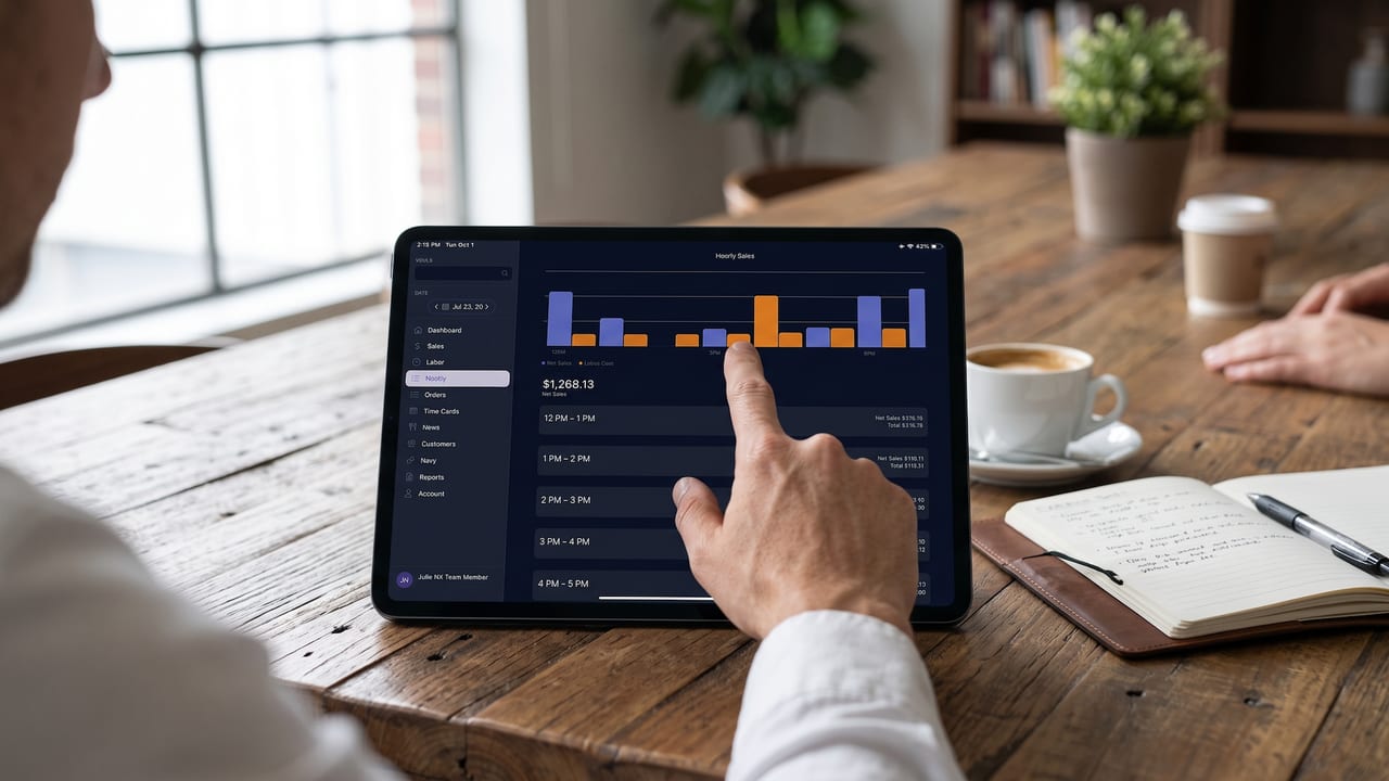Manager tapping the NX hourly sales chart on an iPad at a café table.