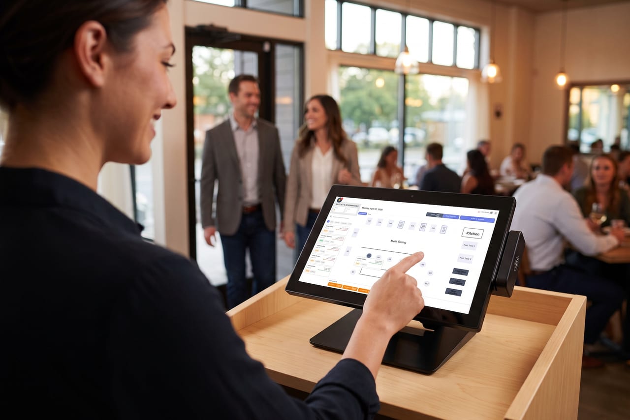 Host at the podium tapping the NX floor plan on a terminal as guests arrive in a sunlit dining room.