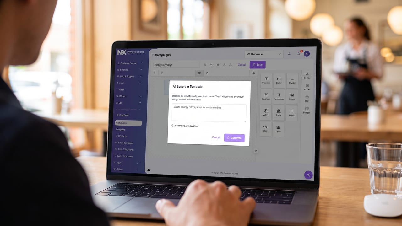 Laptop showing Nexy's AI Generate Template prompt drafting a birthday email for loyalty members.
