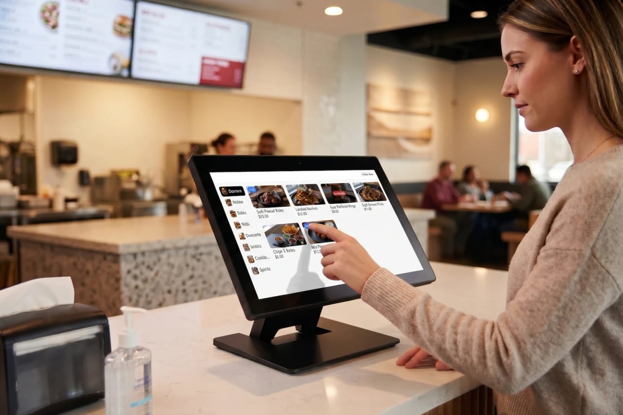 Guest ordering on an NX self-service kiosk at the counter of a fast casual restaurant.