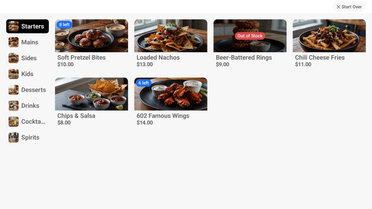NX Kiosk menu screen showing starters with photos, prices, low-stock counts, and an out-of-stock item.