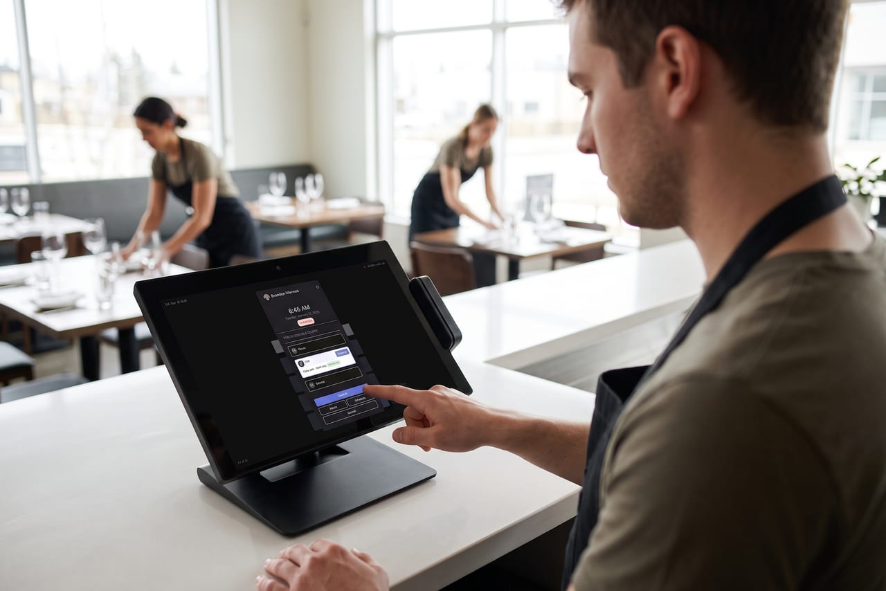 Server clocking in on an NX terminal while coworkers set tables before service.