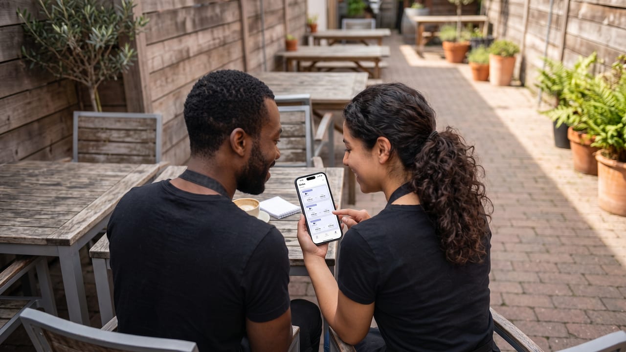 Two servers on the patio checking their shifts and earnings on a phone.