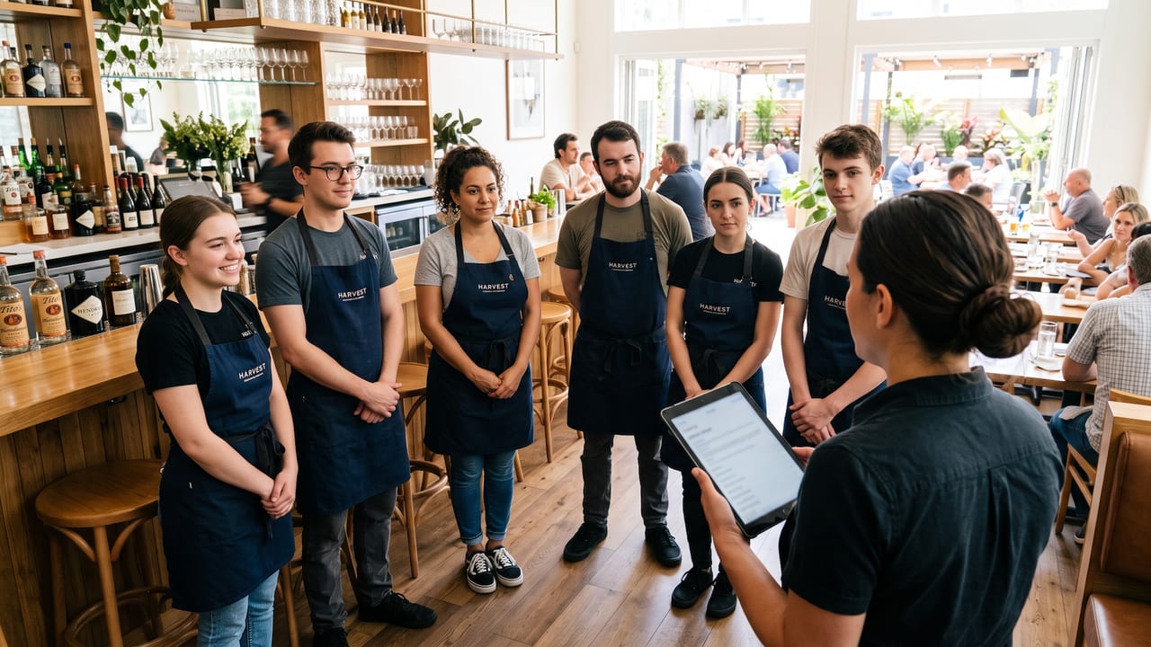 Manager holding a tablet while leading a pre-shift lineup of aproned staff.